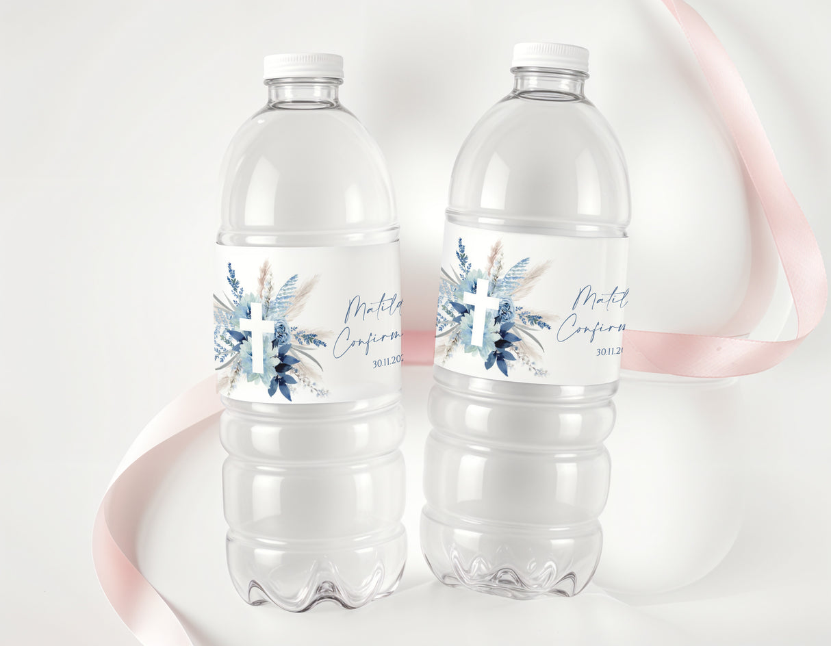 Boho blue confirmation bottle labels on clear drink bottles with cross and floral design
