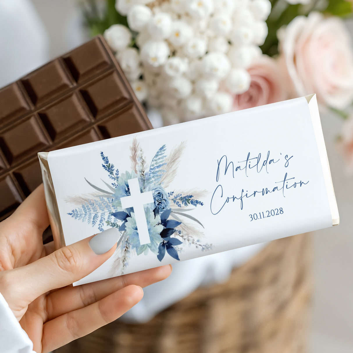 Custom confirmation chocolate bar: white wrapper, blue floral cross, Matilda's Confirmation