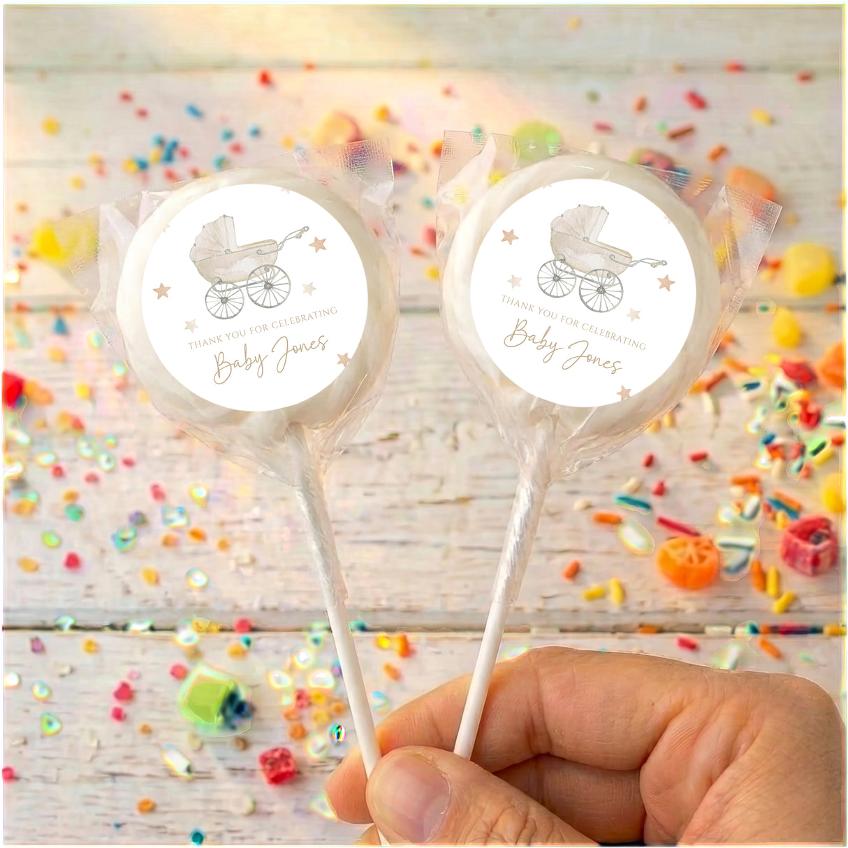 Gender Neutral Pram Baby Shower Personalised Lollipops