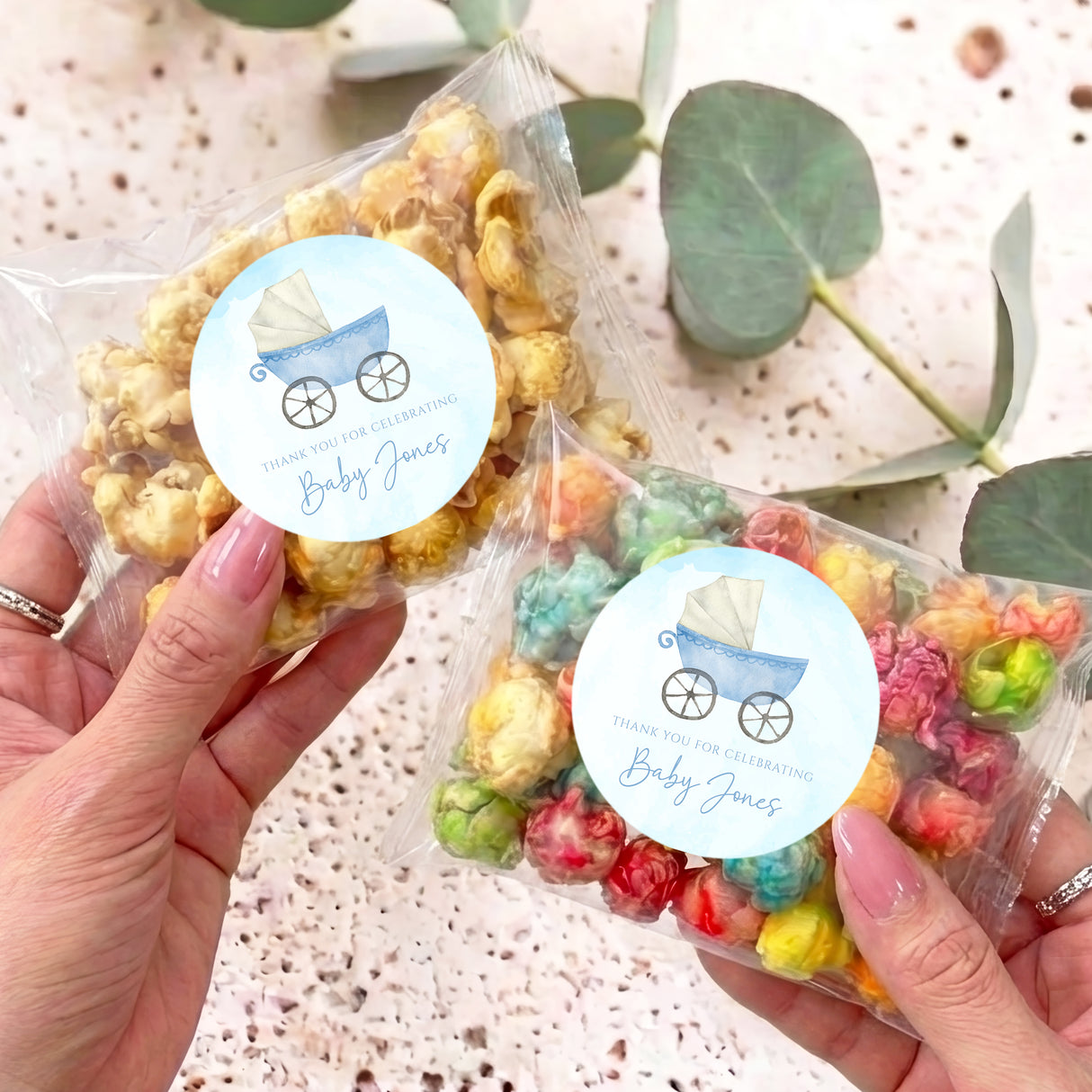 Blue Baby Carriage Baby Shower Personalised Popcorn Bag