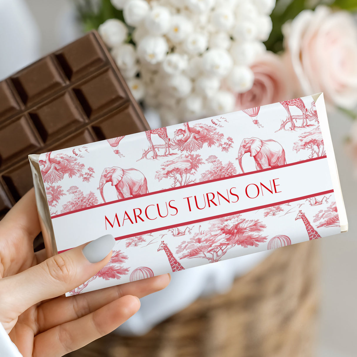 Personalised Red Safari Toile First Birthday Chocolate Bar