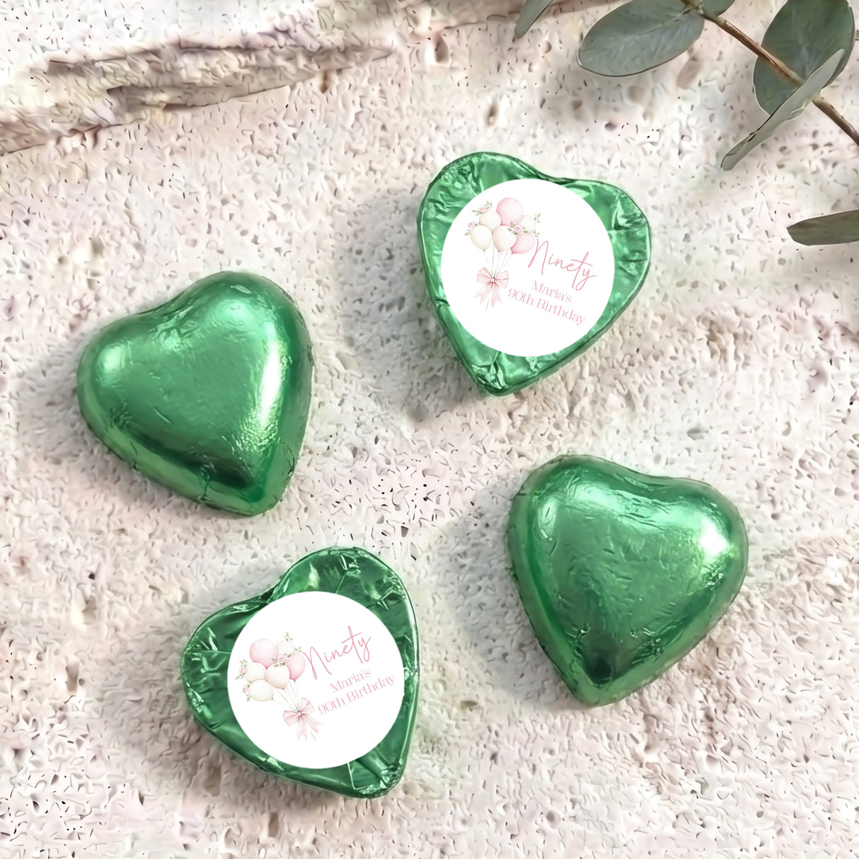 Balloons Bow 90th Birthday Personalised Foil Covered Chocolate Hearts