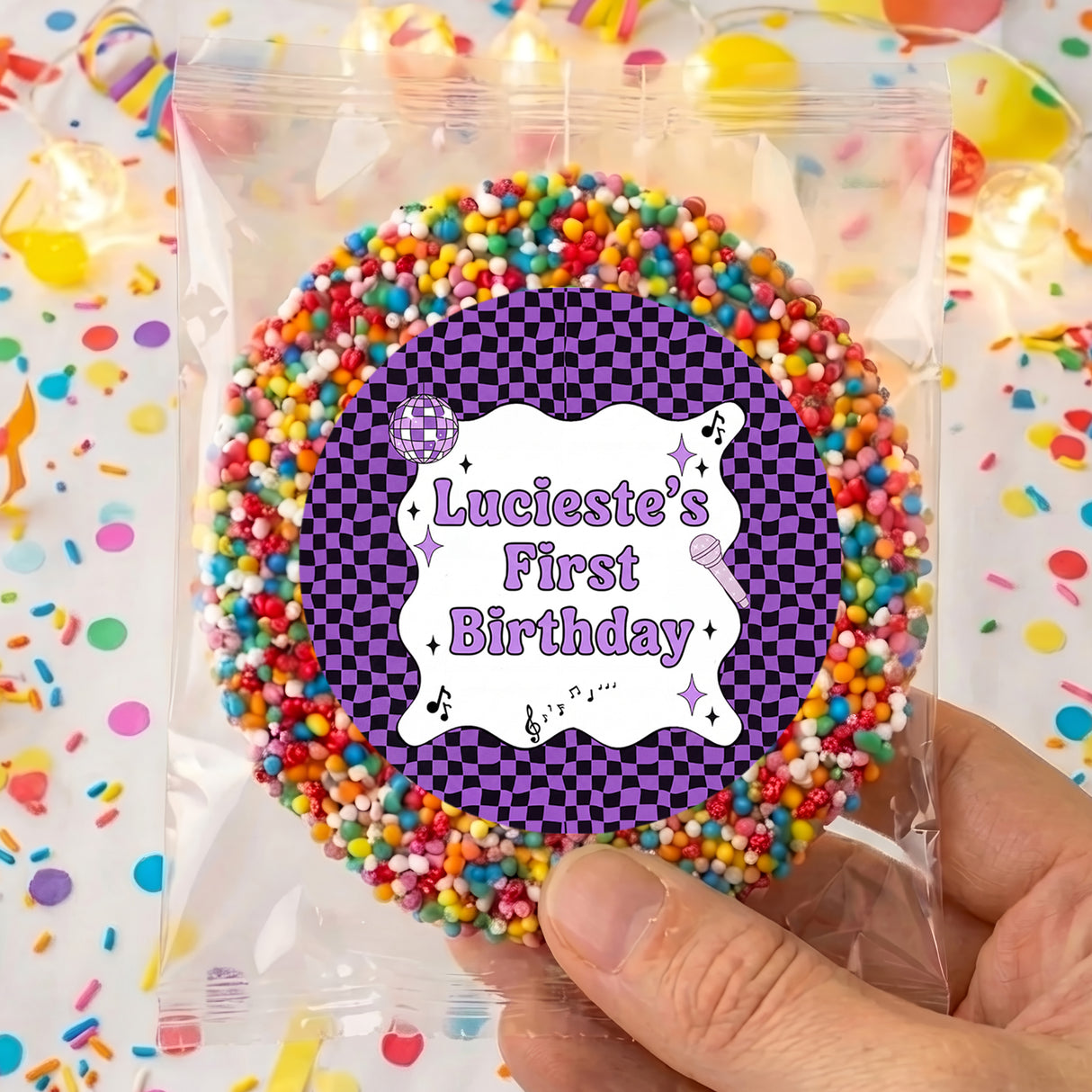 Birthday freckles in clear bag, round rainbow candy border and purple checkered label