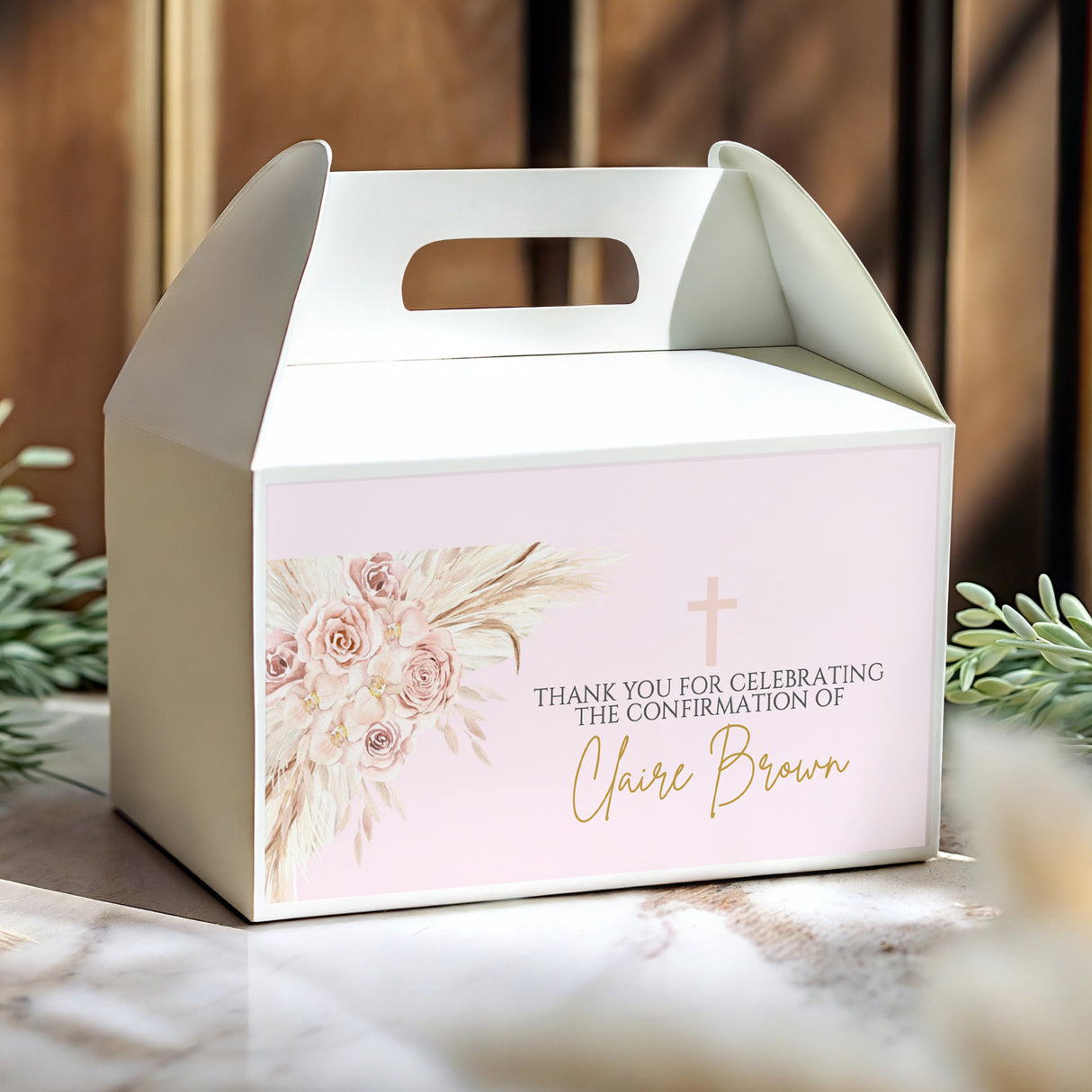 White boho gable favour box with handle, floral roses and cross, personalised thank-you