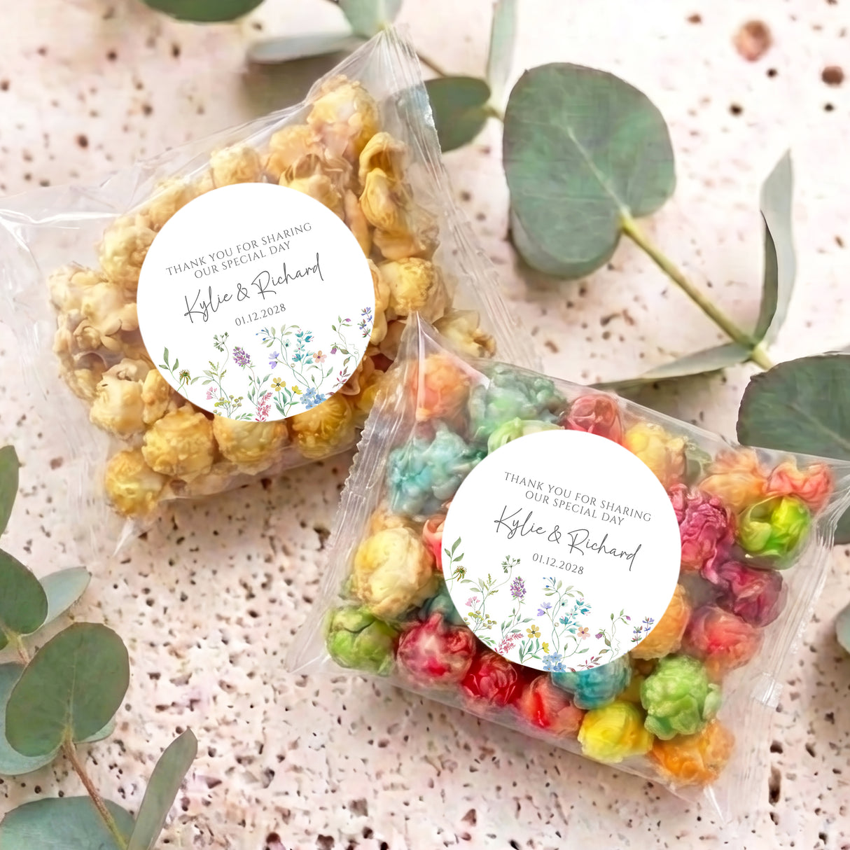 Personalised popcorn treat bags, clear plastic with floral thank-you labels on round tags