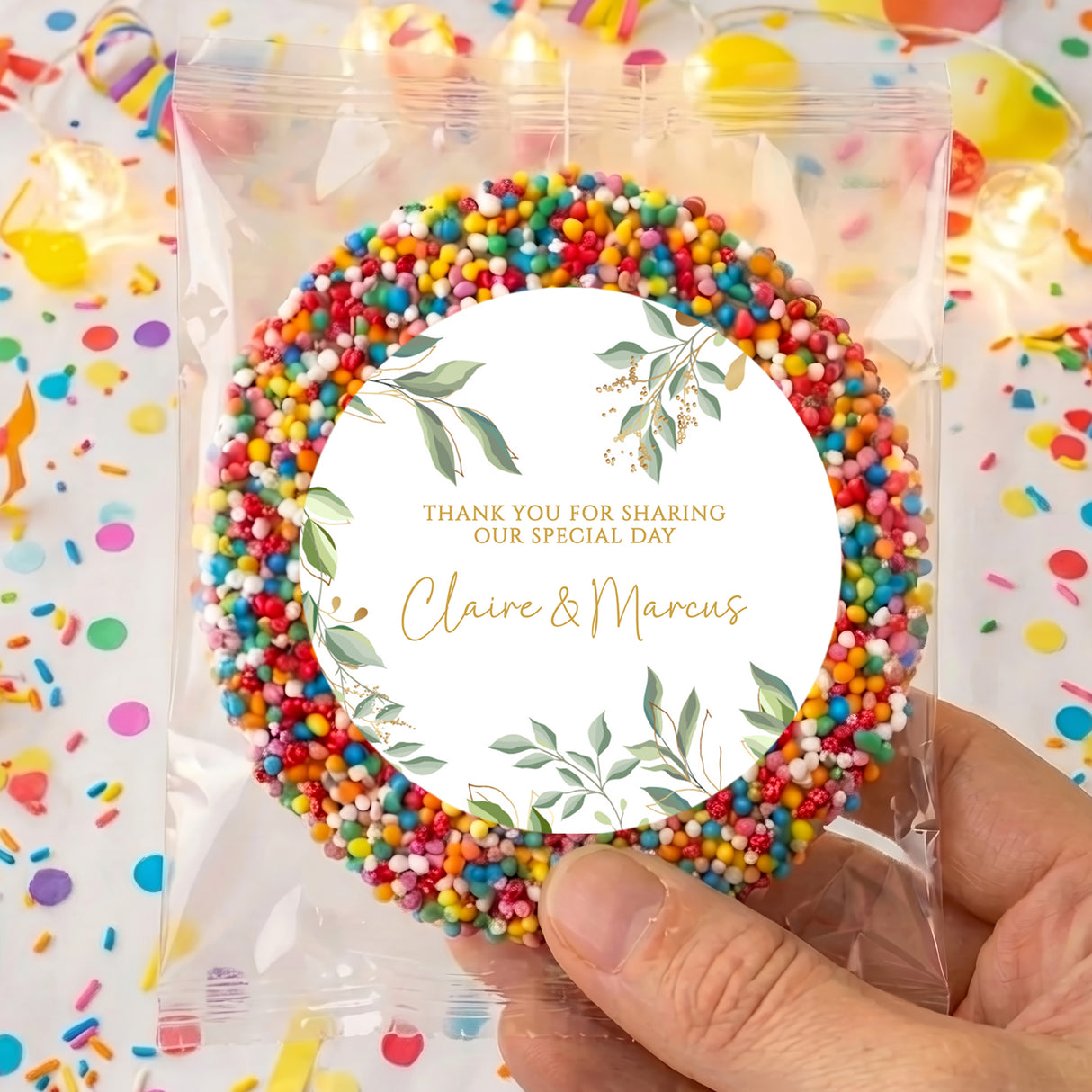 Personalised wedding favor pouch with multicolor beaded ring and floral thank-you tag