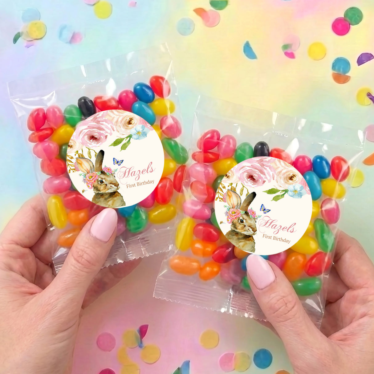 Two personalised jelly bean bags with floral bunny 'Hazel' First Birthday labels