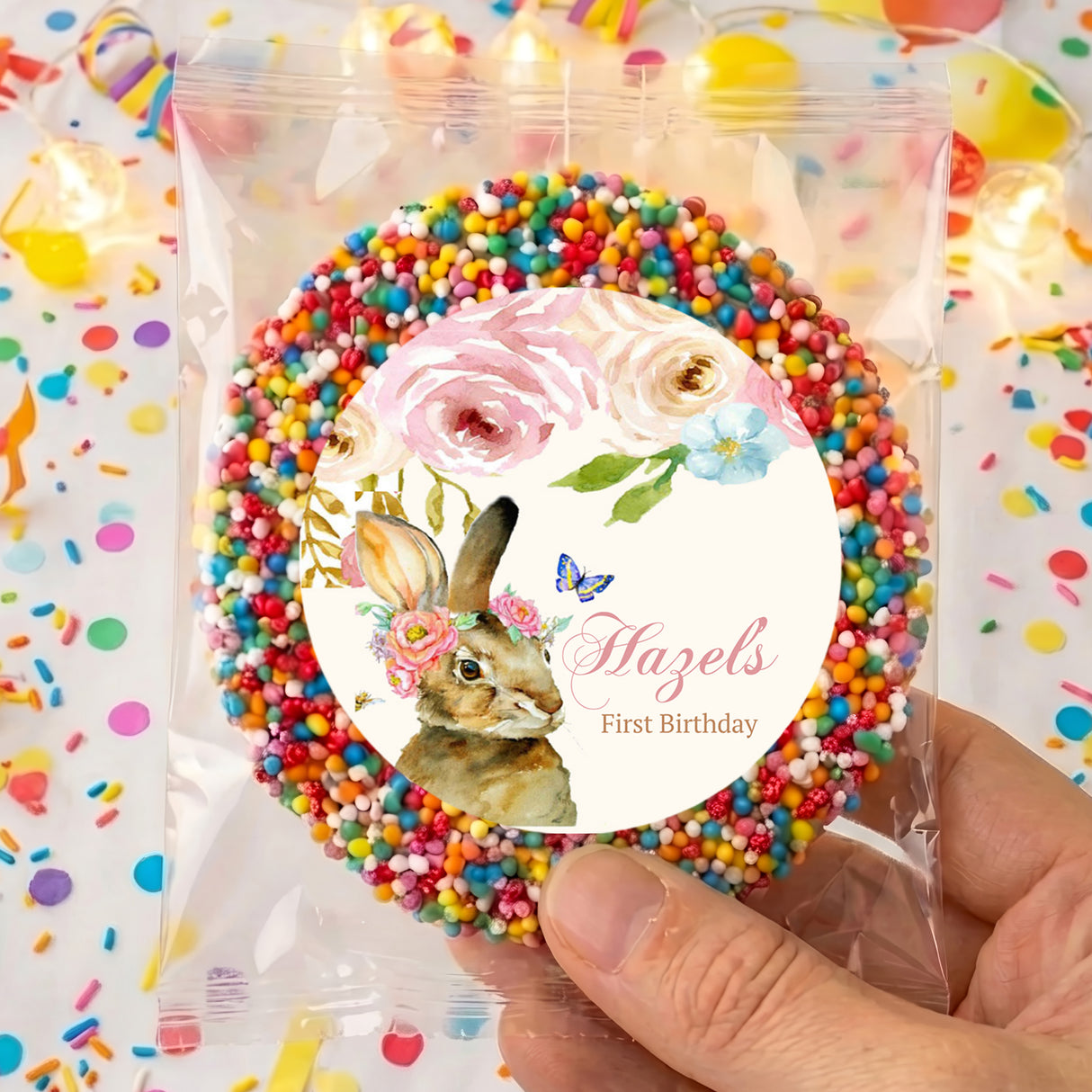 Personalised first birthday freckles featuring floral bunny circle label, 'Hazel's' and 'First Birthday' text