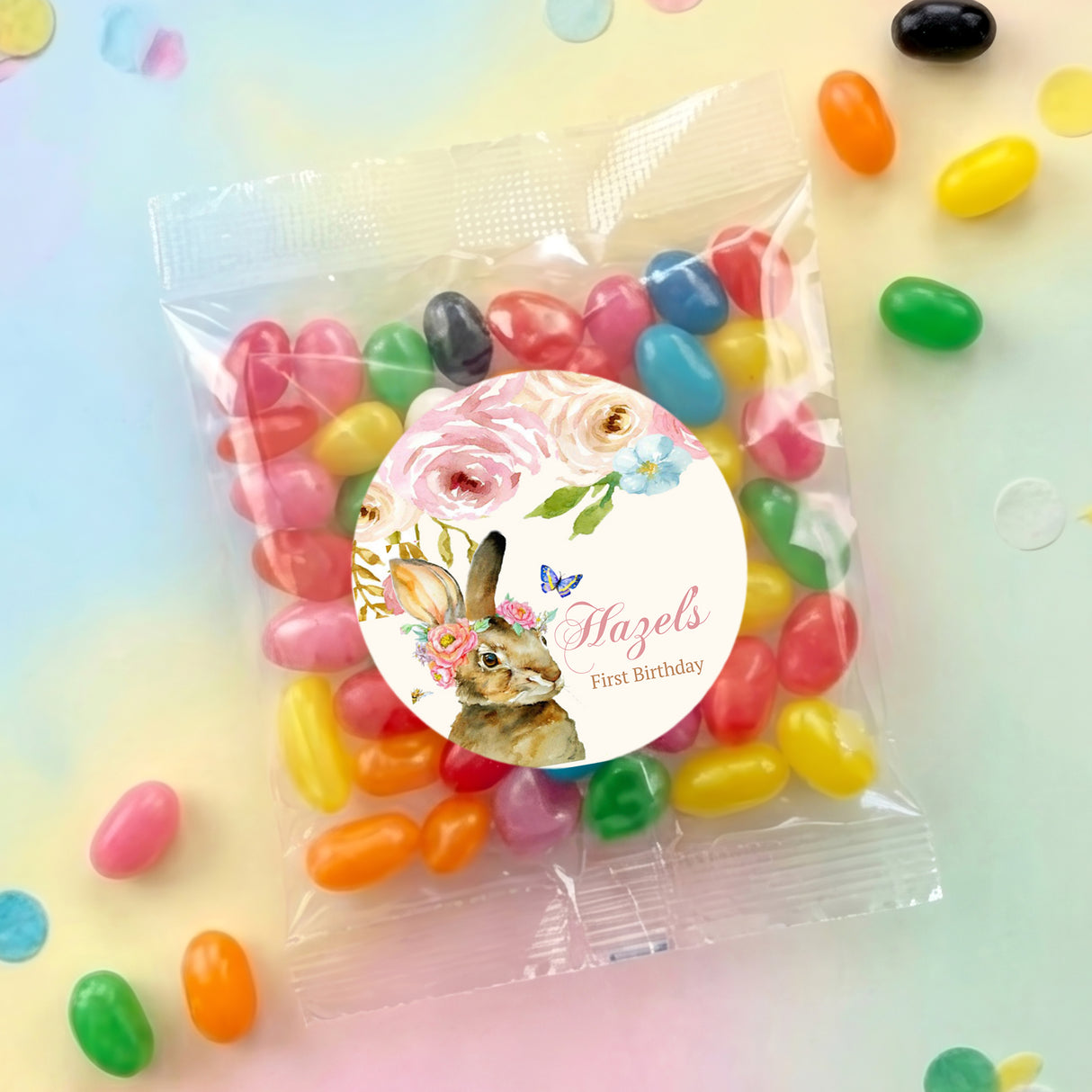 Personalised jelly bean bag with floral bunny 'Hazel' First Birthday label