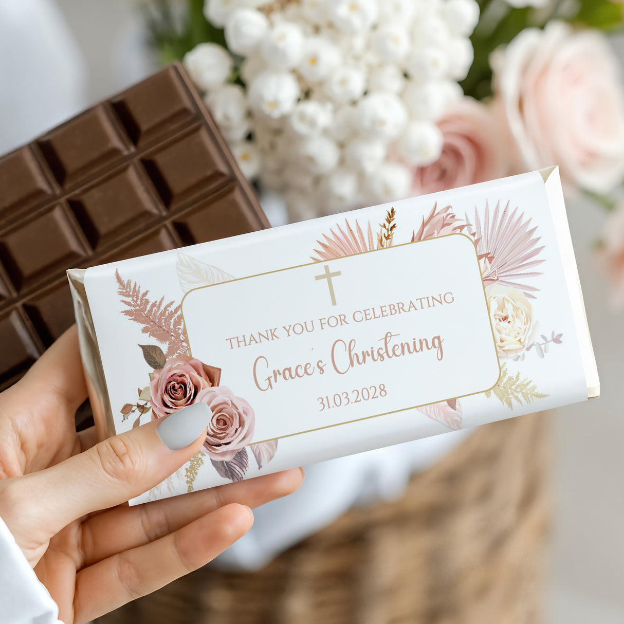 Christening chocolate bar wrapper with floral roses and "Grace's Christening" text