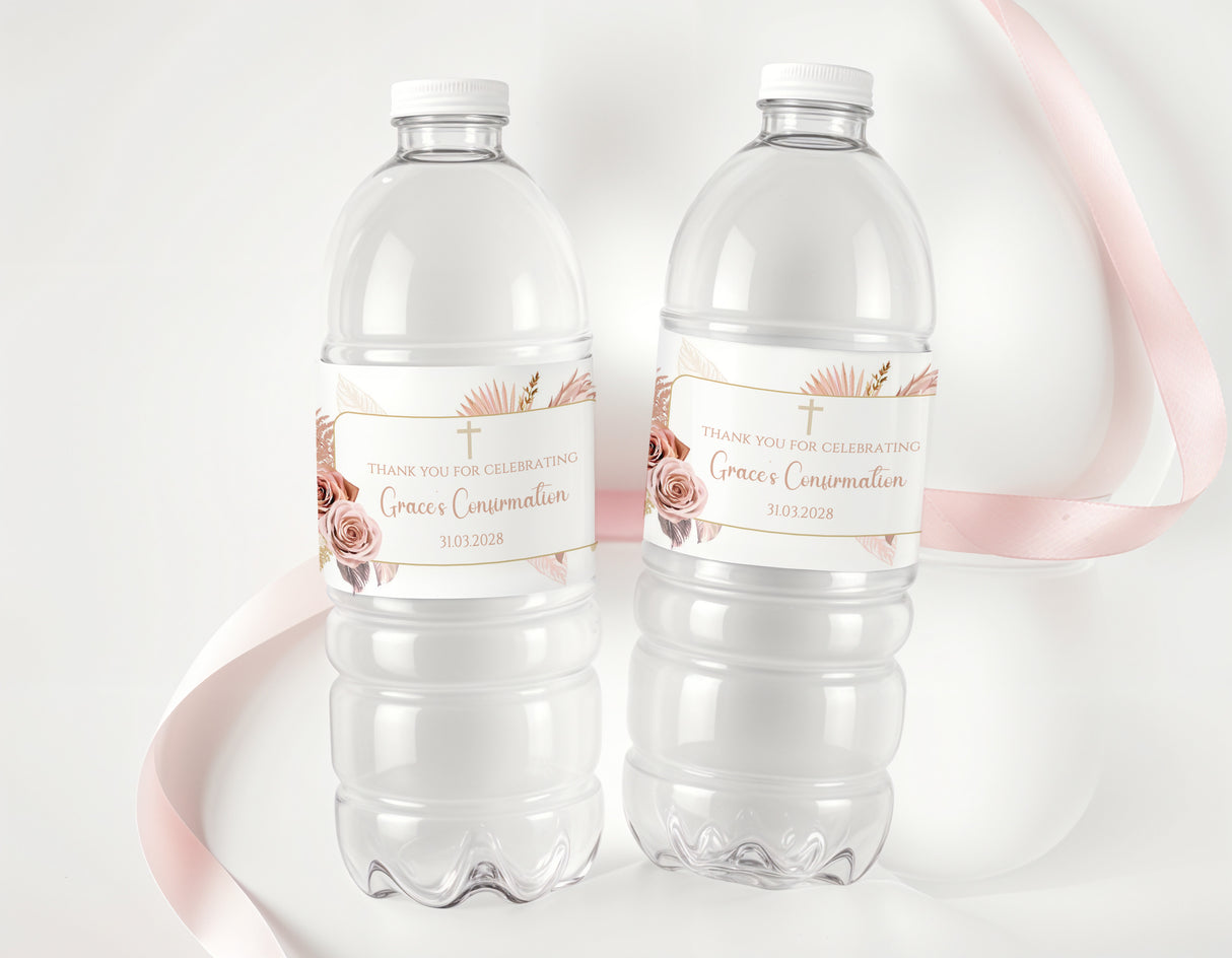 Boho rose confirmation water bottle labels on two clear plastic bottles, pink ribbon, gold text