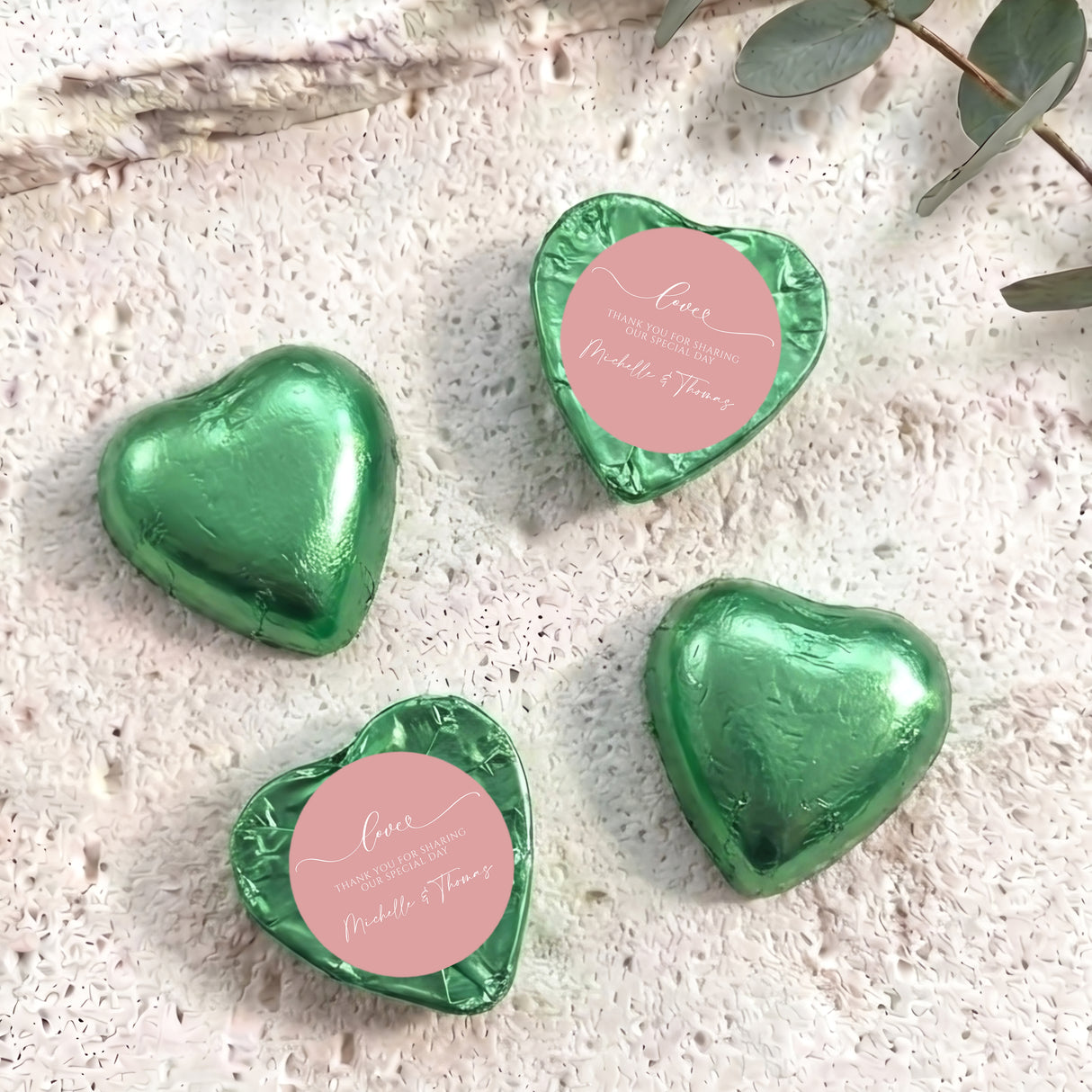 Personalised foil-covered chocolate hearts, green heart foil chocolates with personalized message labels