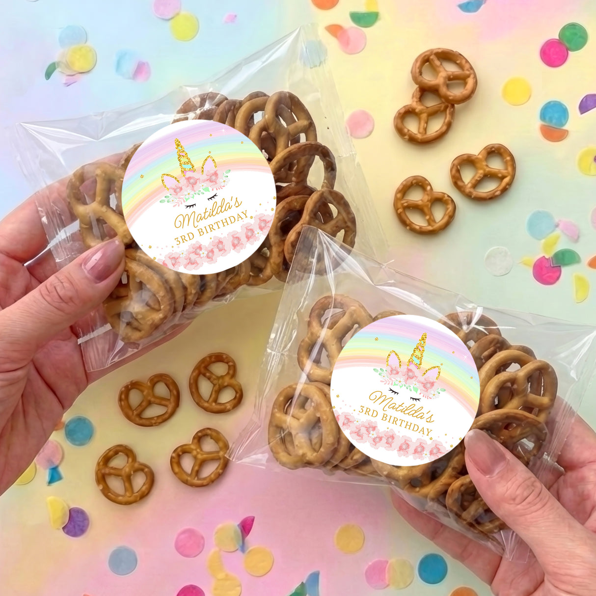 Pastel Rainbow Unicorn Personalised Pretzel Bag
