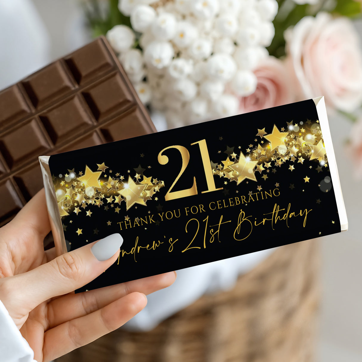 21st birthday chocolate bar wrapper, black with gold stars and thank-you text