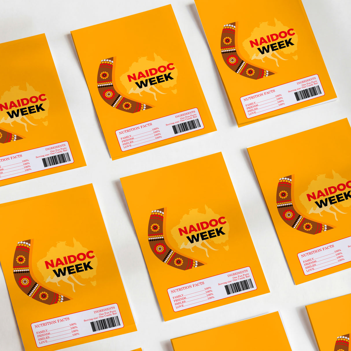 Orange NAIDOC Week DIY chocolate wrapper with boomerang-style artwork and label