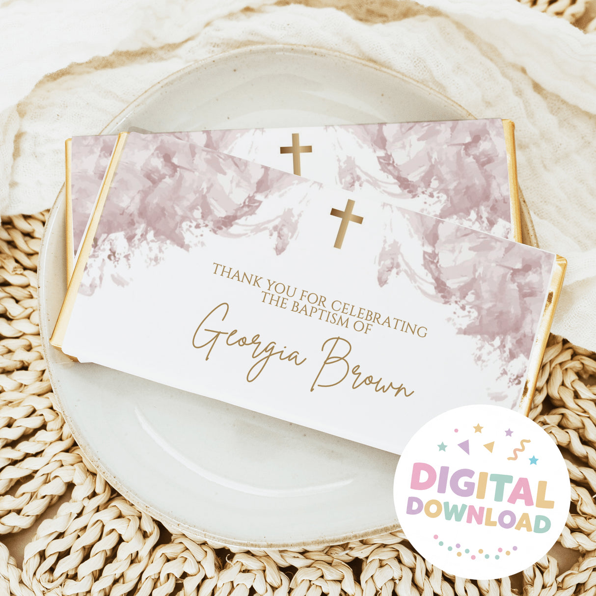 Baptism chocolate bar wrapper with dusty pink watercolor, gold cross, and gold name text