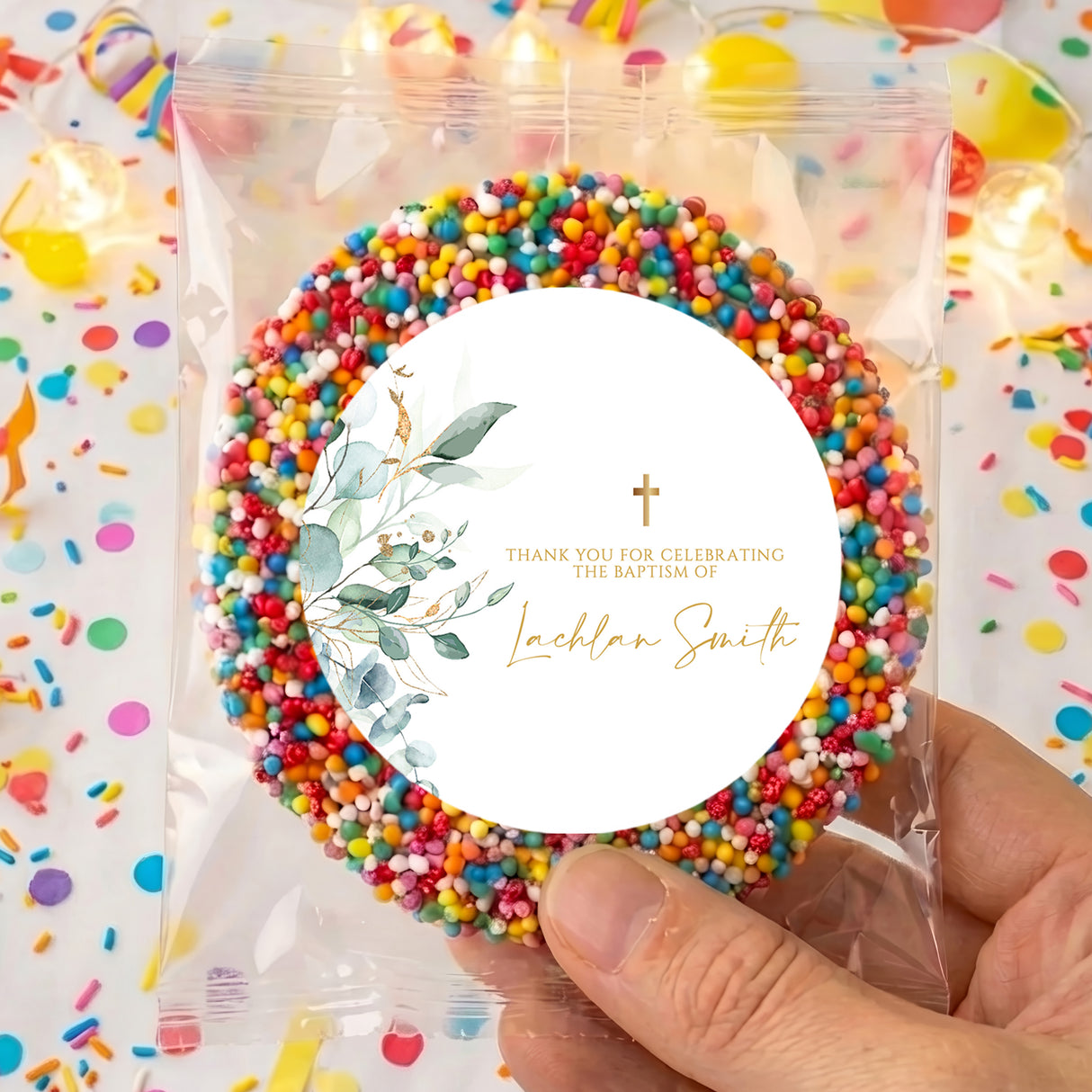 Baptism thank-you sticker with gold cross and green leaves, inside sprinkle-filled bag