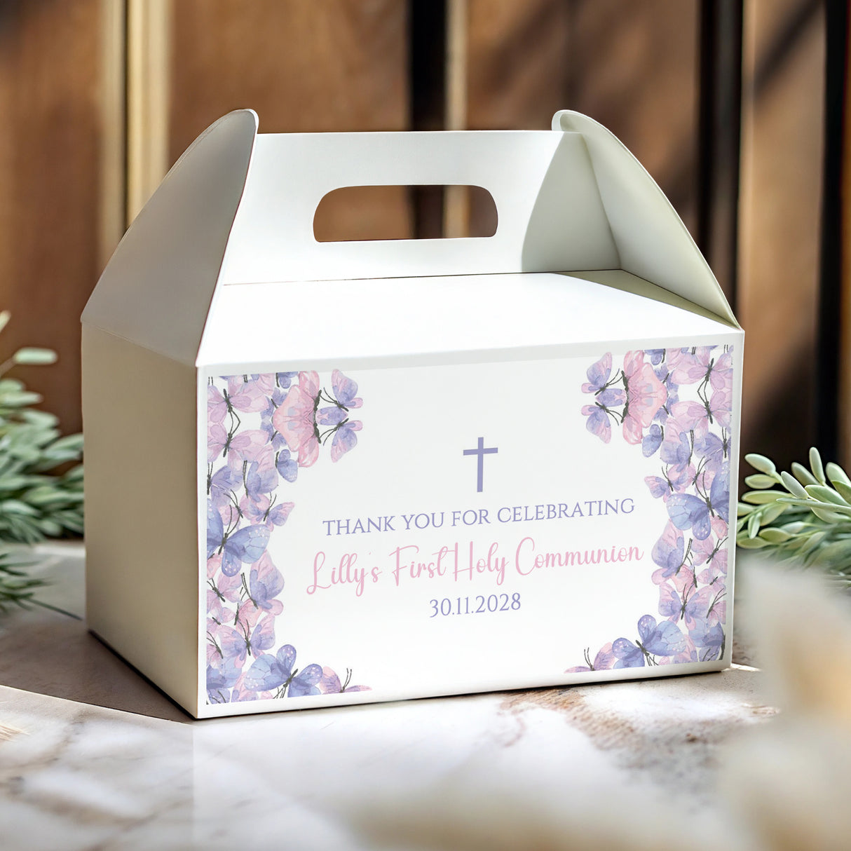 Purple floral First Holy Communion gable favour box with cross and Lily thank-you text