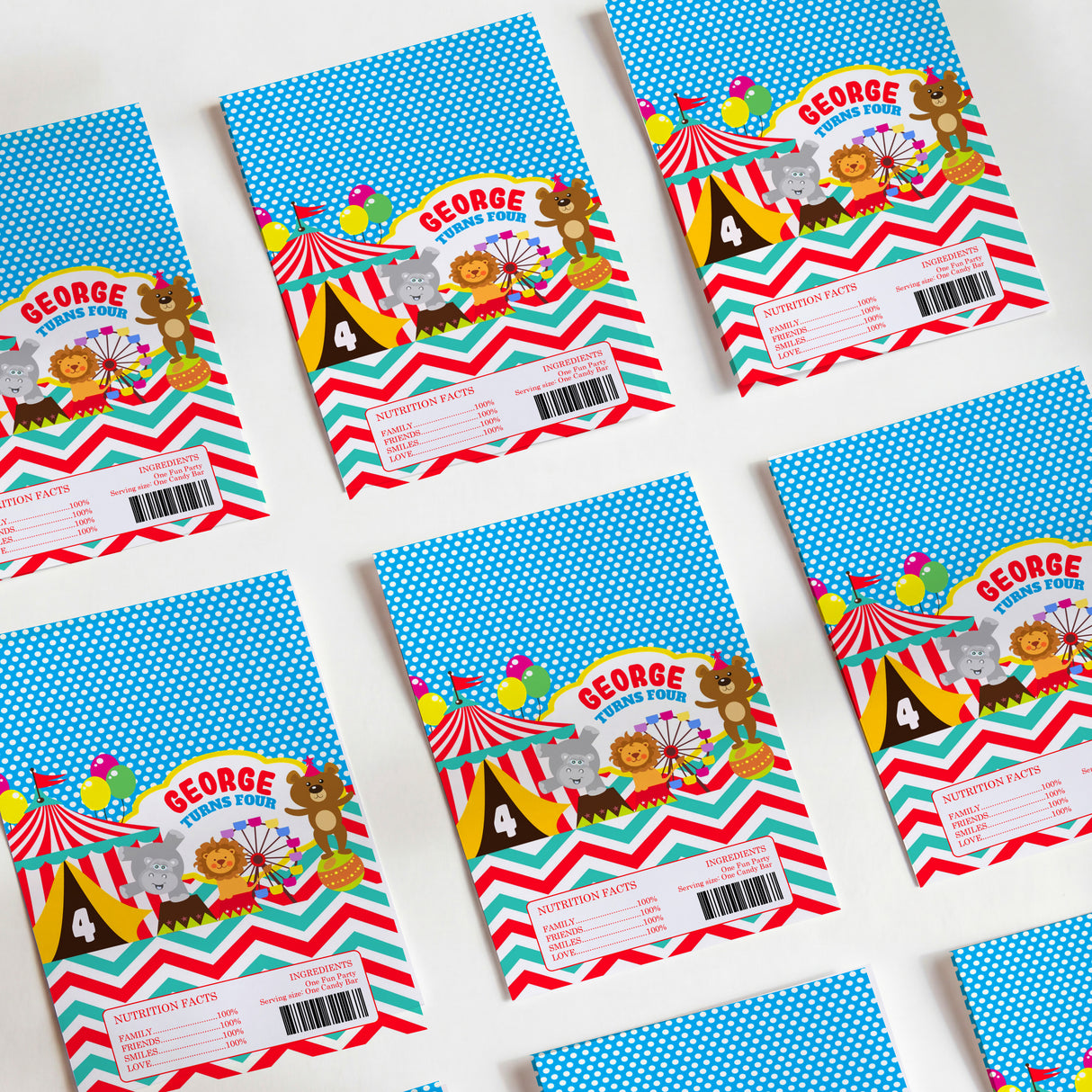 Circus-themed blue printed chocolate wrappers with George Zoo Tour text and barcode