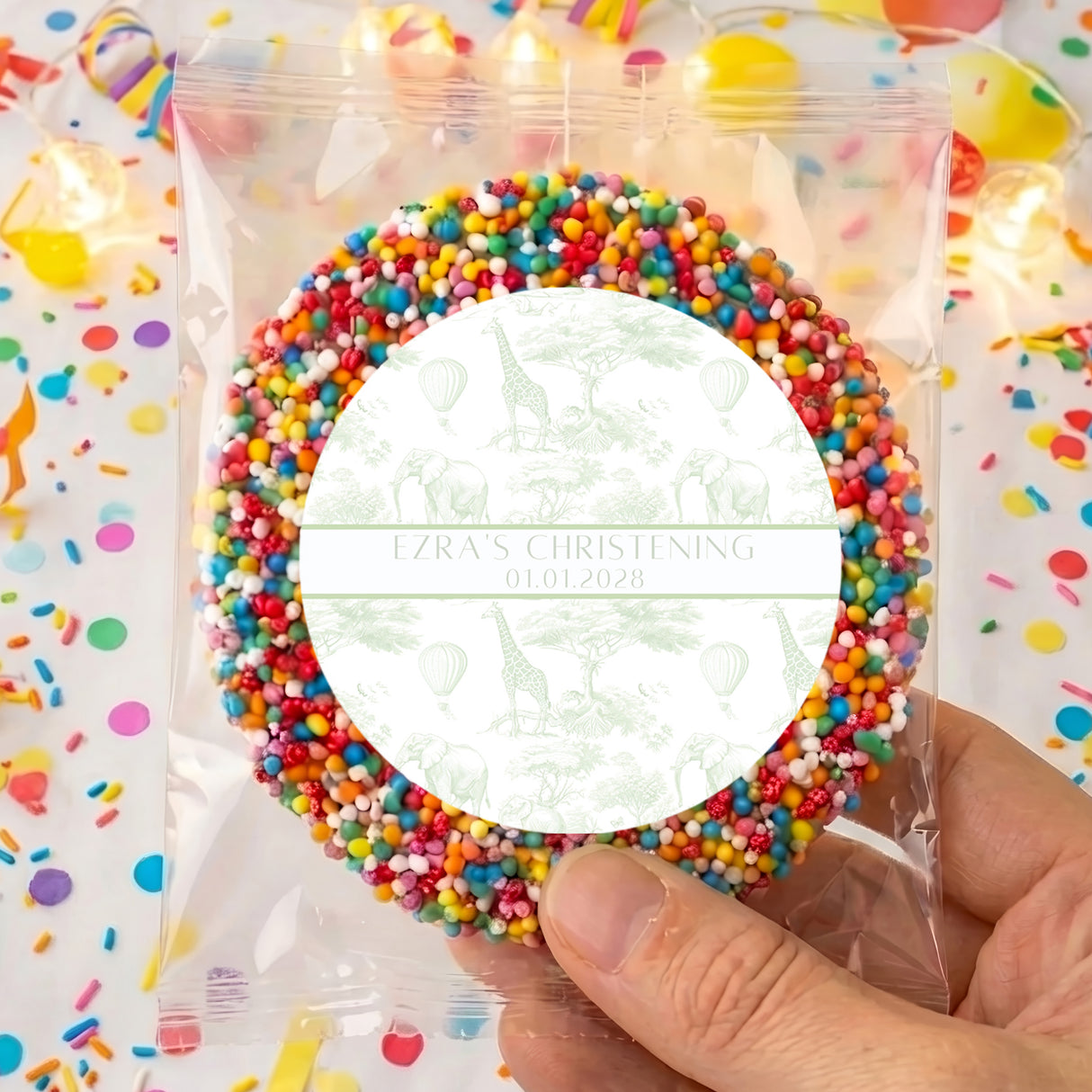Personalised christening gift bag with rainbow bead wreath and round white label