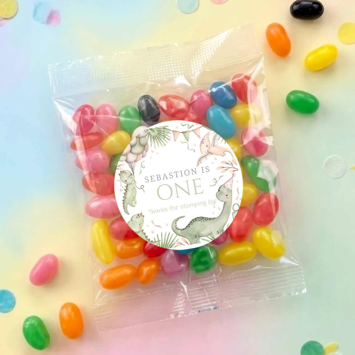 Personalised jelly bean bag, dinosaur wreath label: 'Sebastian is one'