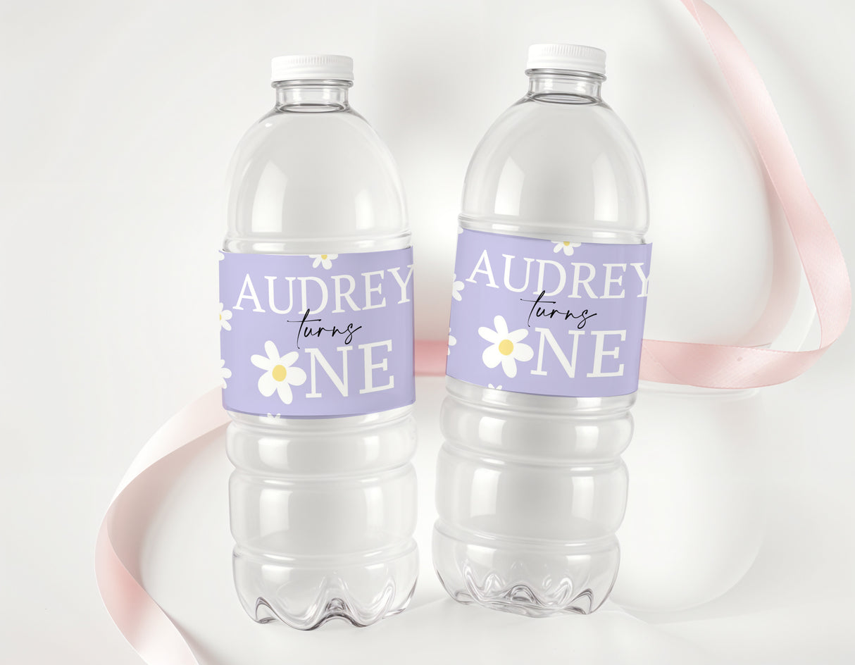 Personalised water bottle labels with purple daisies and name Audrey