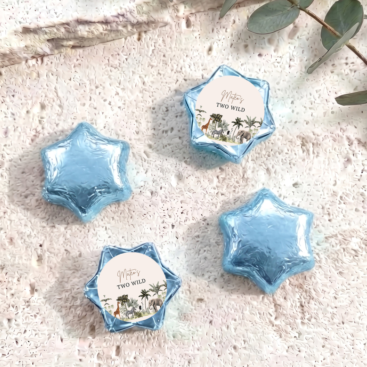 Light blue foil star chocolates with Two Wild label, four-piece set
