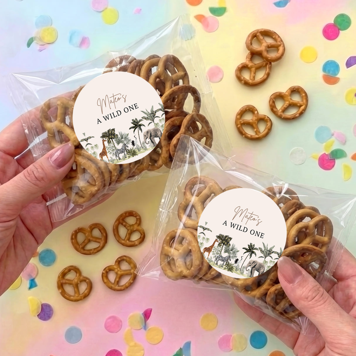 Personalised pretzel snack bag with assorted pretzels and round sticker label