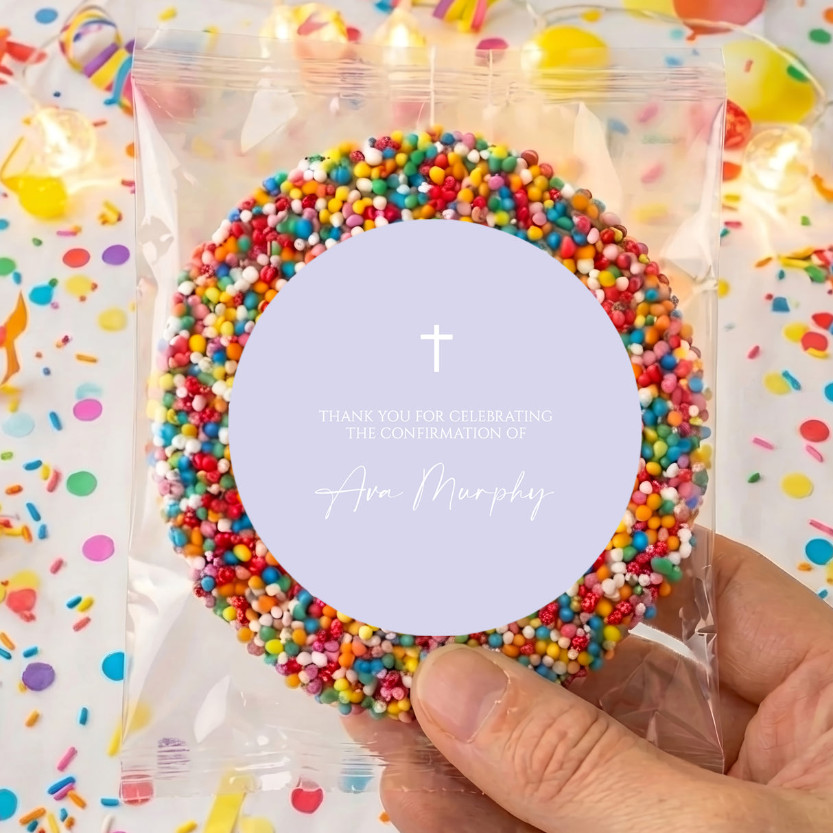 Confirmation giant freckles gift with lilac round badge, white cross, sprinkle border