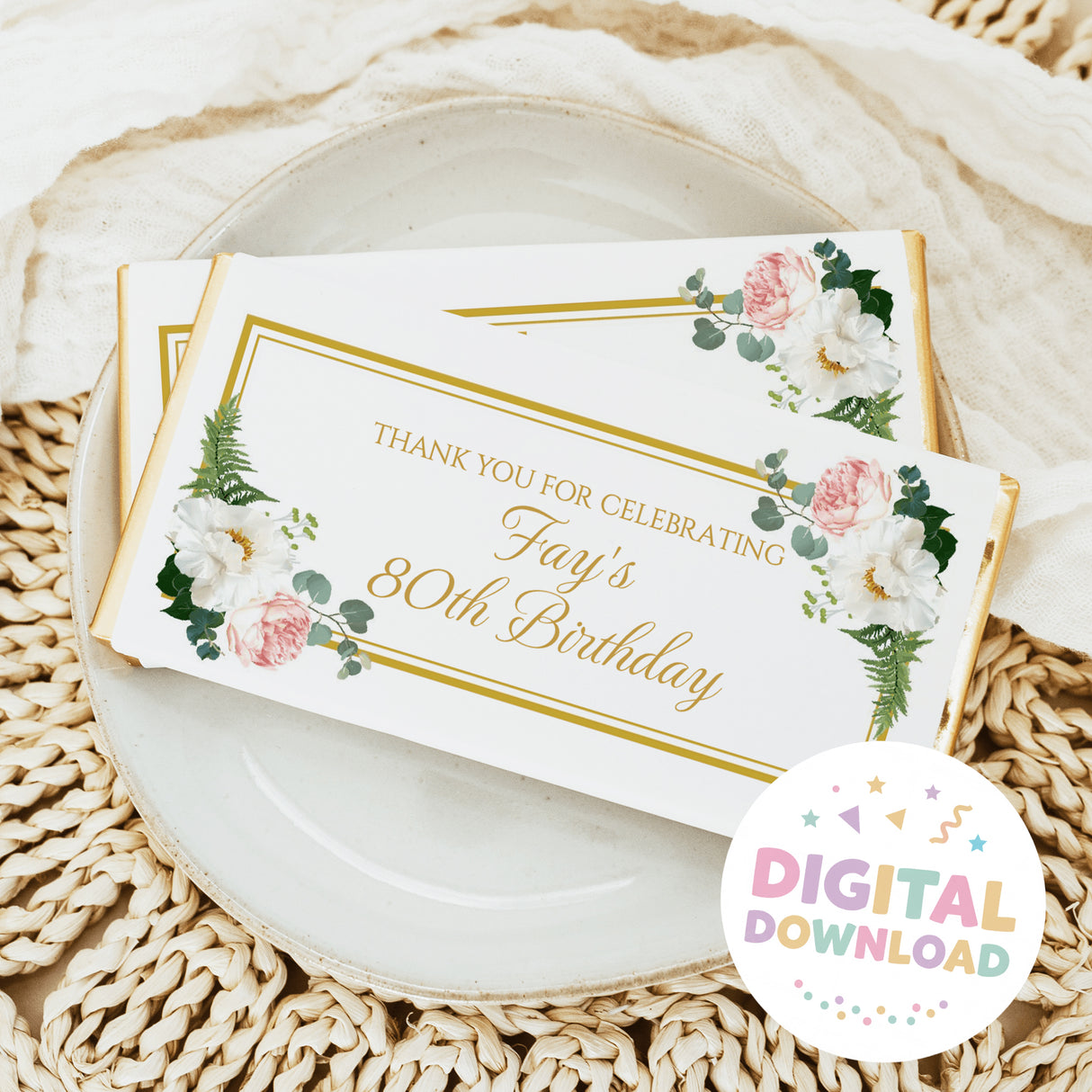 Gold-bordered floral birthday chocolate bar with message for 80th birthday