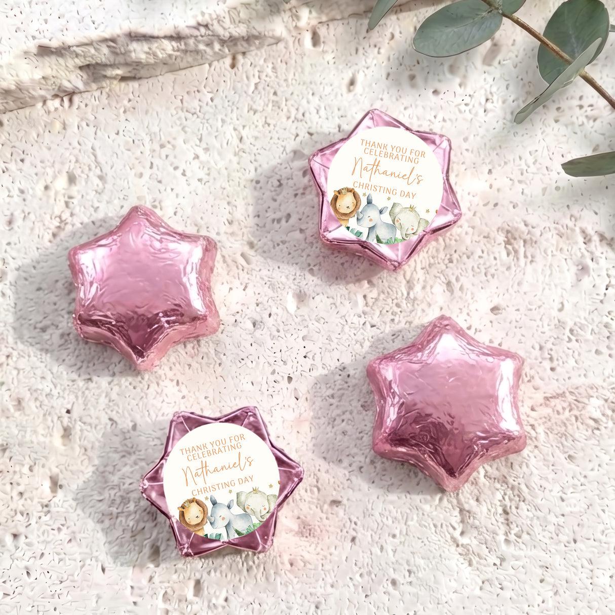 Personalised christening chocolate stars with pink foil and thank-you card, Nathaniel