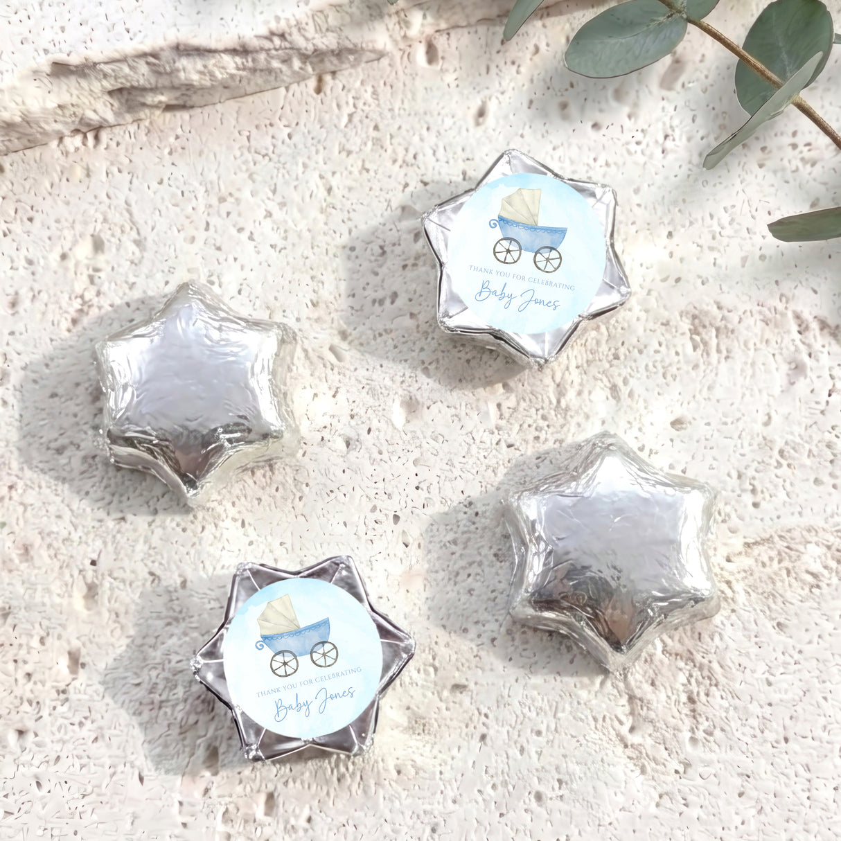 Blue Baby Carriage Baby Shower Personalised Foil Covered Chocolate Stars
