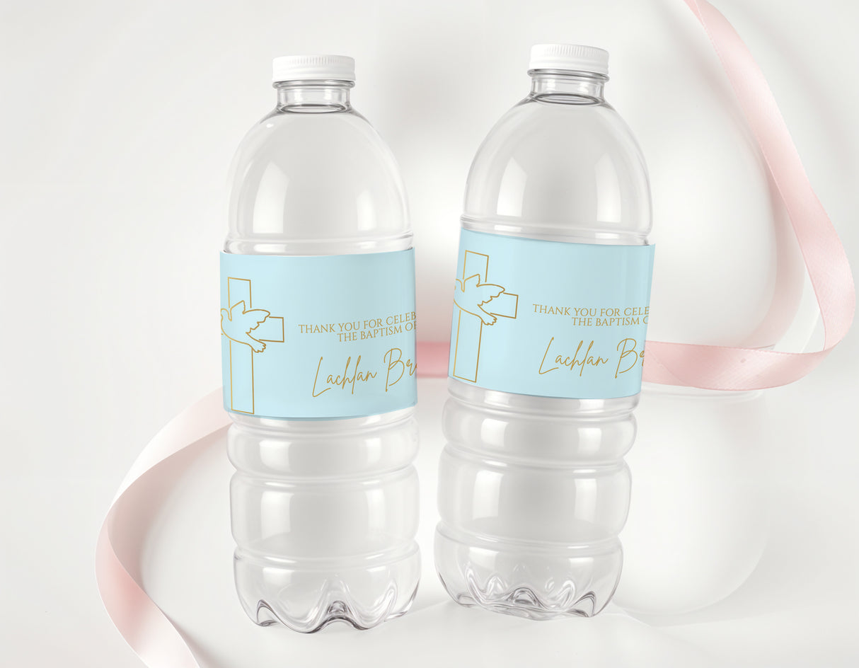 Two clear water bottles with light blue personalised labels featuring a dove and cross