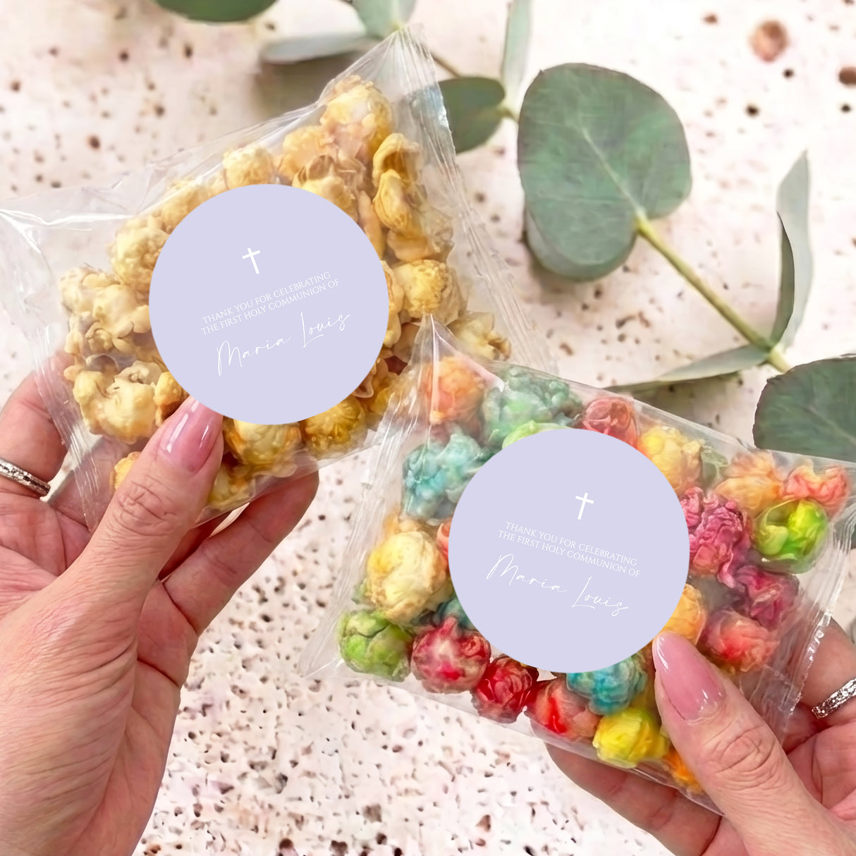 Personalised popcorn bag, clear bag with colorful popcorn, cross and circle label