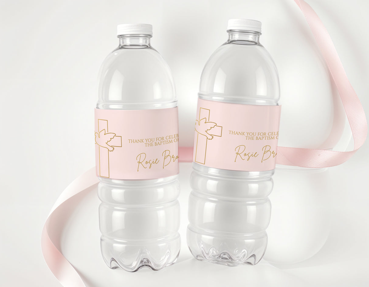 Personalised baptism water bottle labels on two clear bottles with pink cross design
