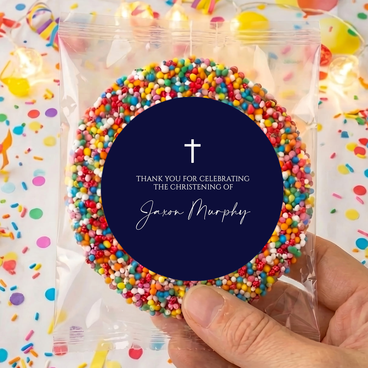 Navy cross christening card with round navy center and confetti beads around it