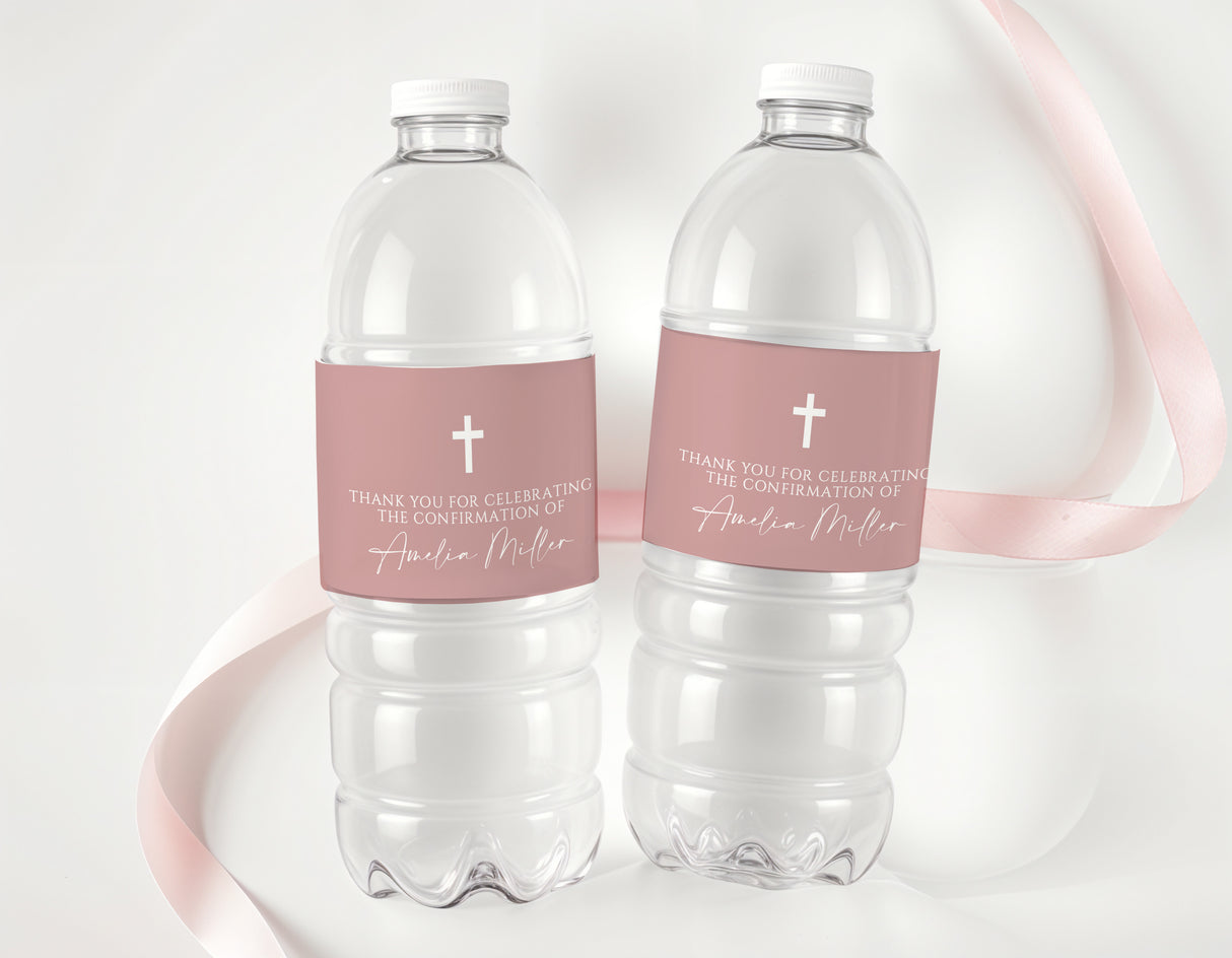 Personalised water bottle labels on clear bottles, dusty rose with white cross and text