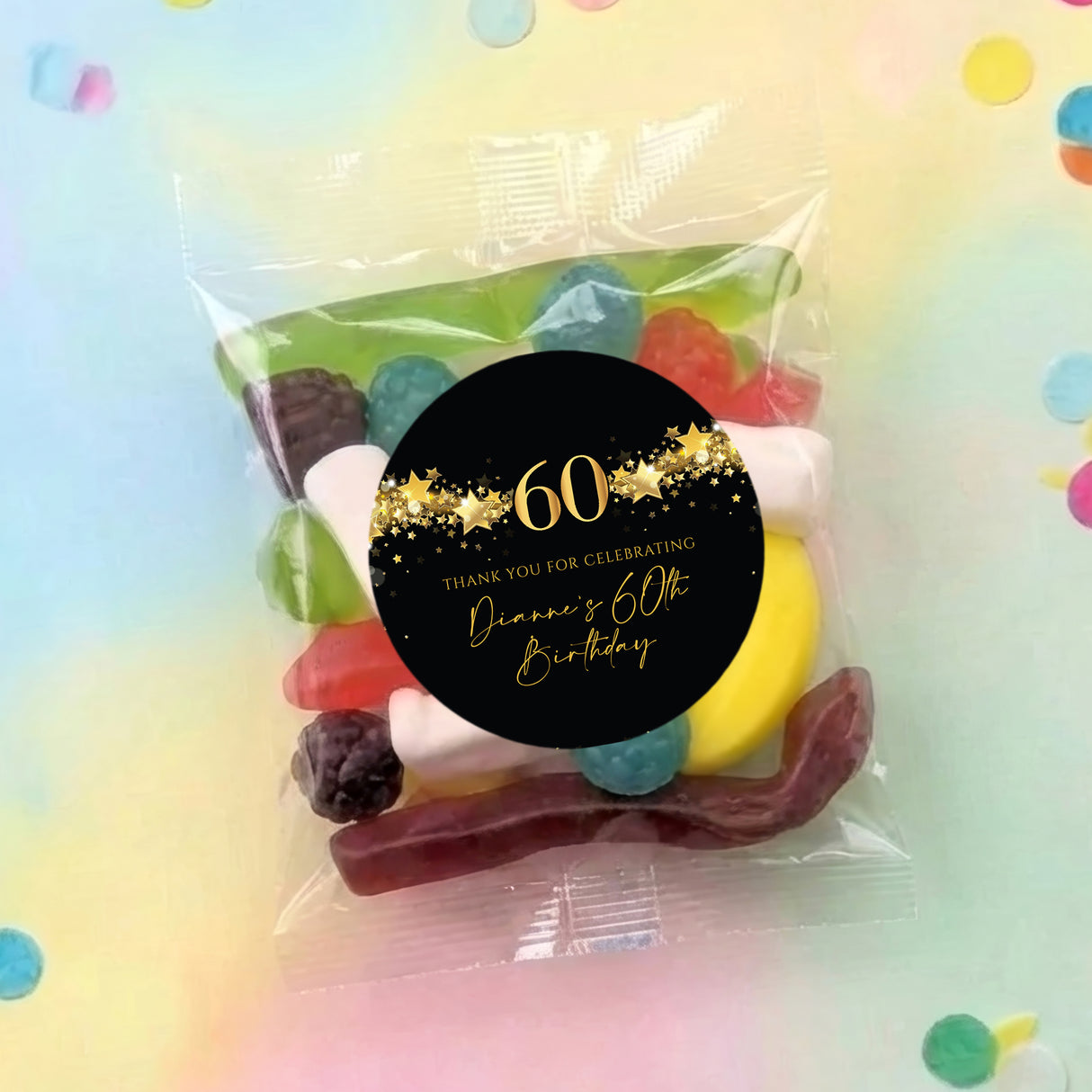 Clear candy mix lolly bag with black 60th birthday gold stars round thank-you label