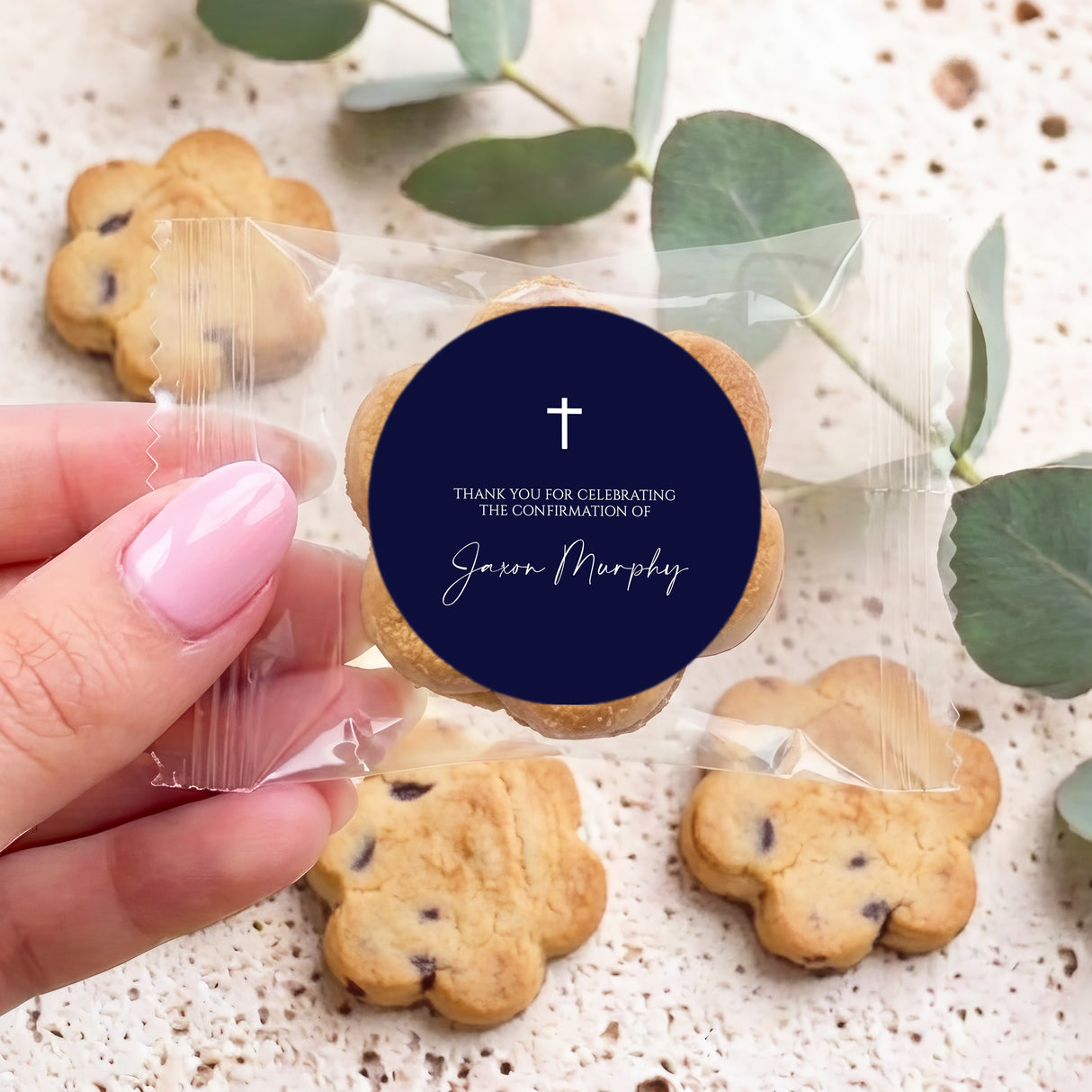 Personalised First Communion chocolate chip cookies with navy cross sticker on bag