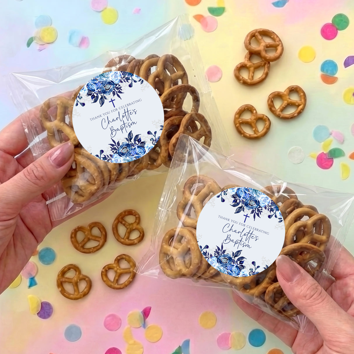 Navy floral personalised pretzel bag with round label, clear wrapper filled with pretzels