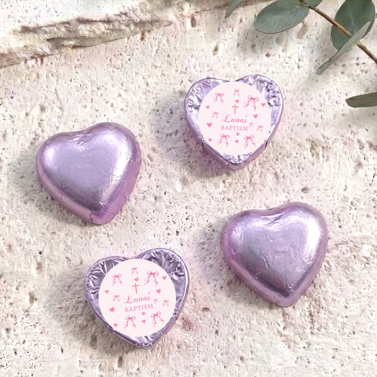 Foil-covered chocolate heart set in lavender, with personalised baptism label