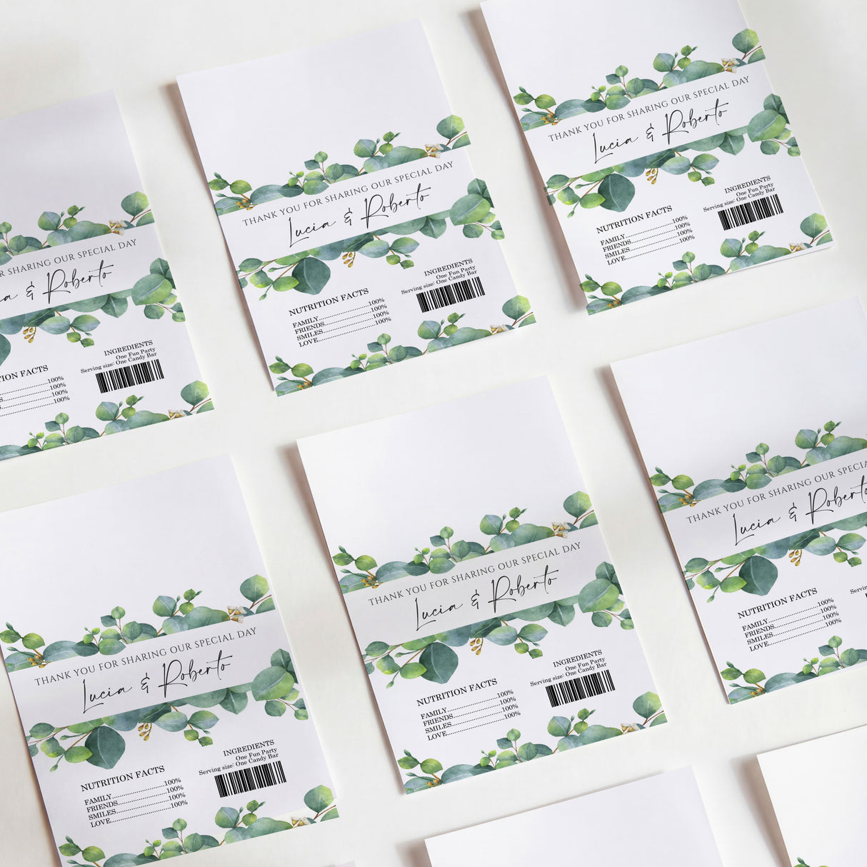 Eucalyptus printed chocolate wrapper sheets with green leaves and thank-you message
