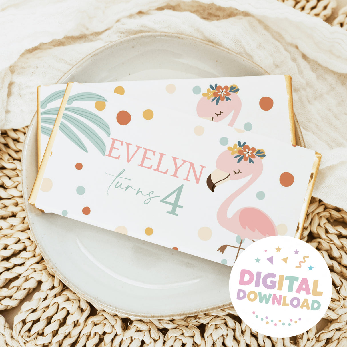Birthday chocolate bar gift box with flamingos, polka dots, and name "EVELYN"
