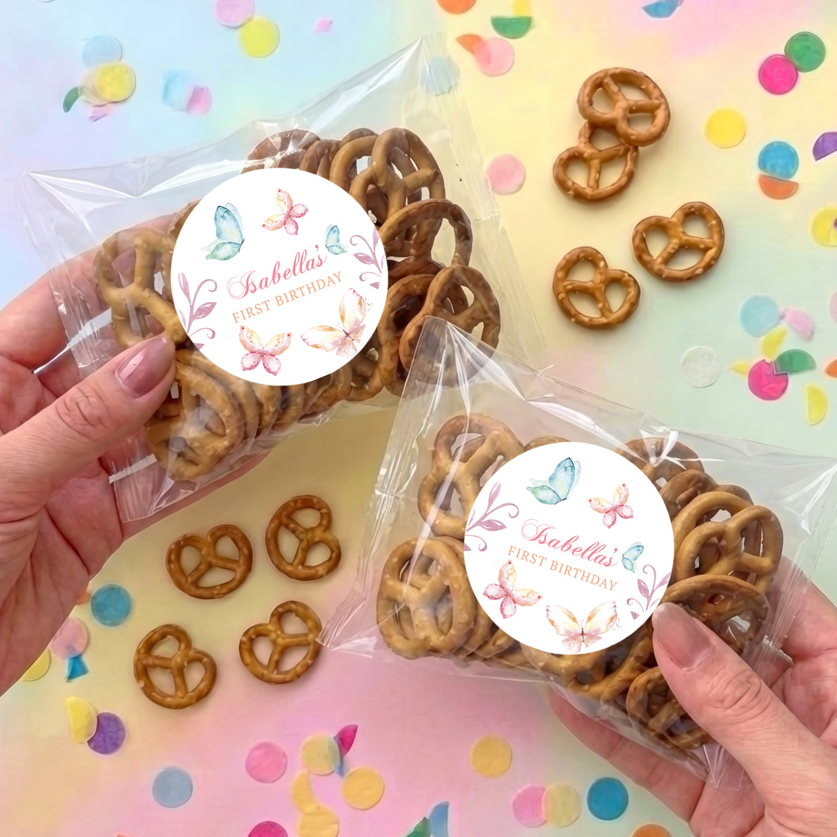 Personalised pretzel bag with butterfly sticker seal and pretzels in clear wrap
