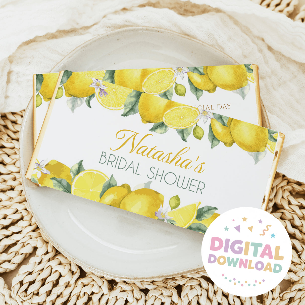 Lemon-themed bridal shower chocolate bar wrapper with yellow citrus and floral border