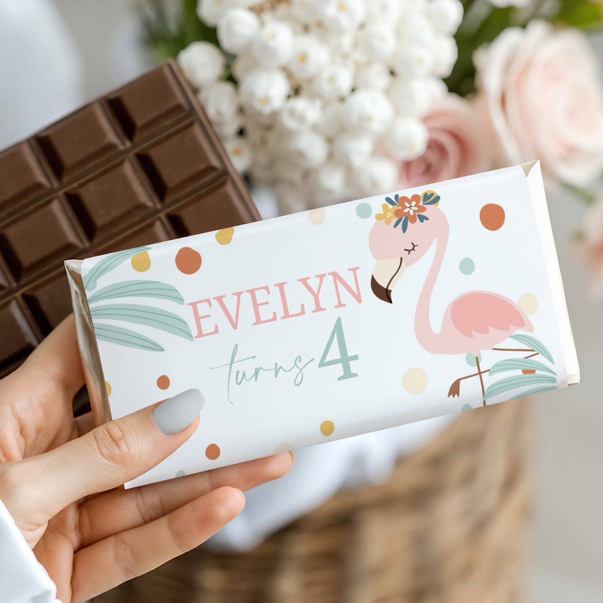 Personalized flamingo birthday chocolate bar wrapper, Evelyn turns 4