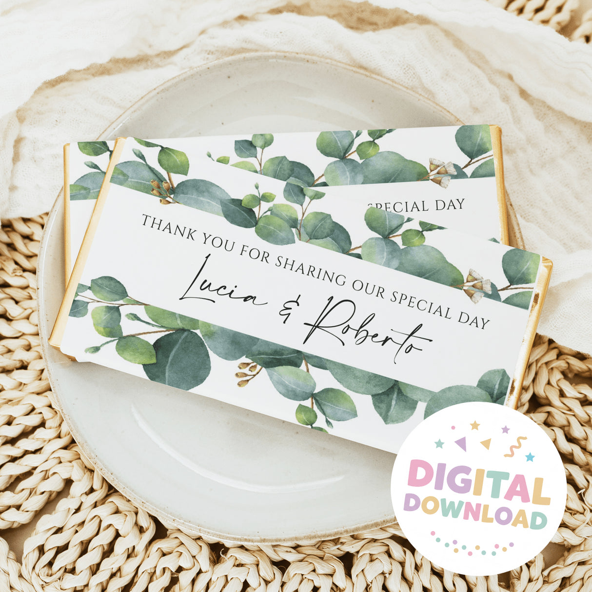 Eucalyptus wedding chocolate bar wrapper with green leaves, thank-you, Lucia & Roberta