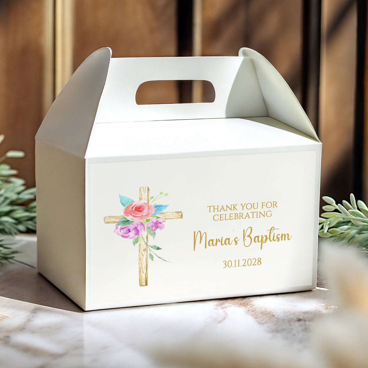 White gable baptism favour box with floral cross and gold thank-you message