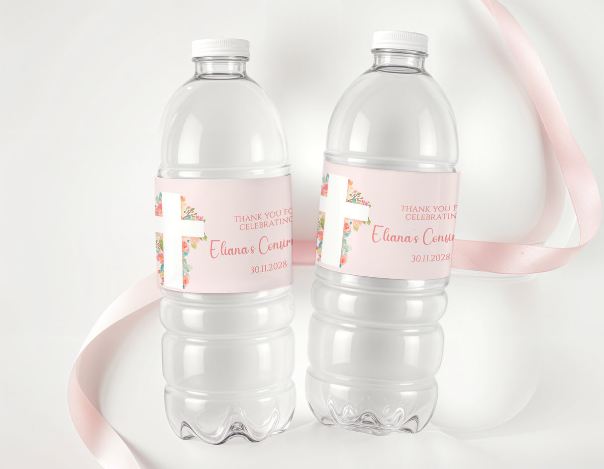Personalised water bottle labels on clear plastic bottles with pink floral accents