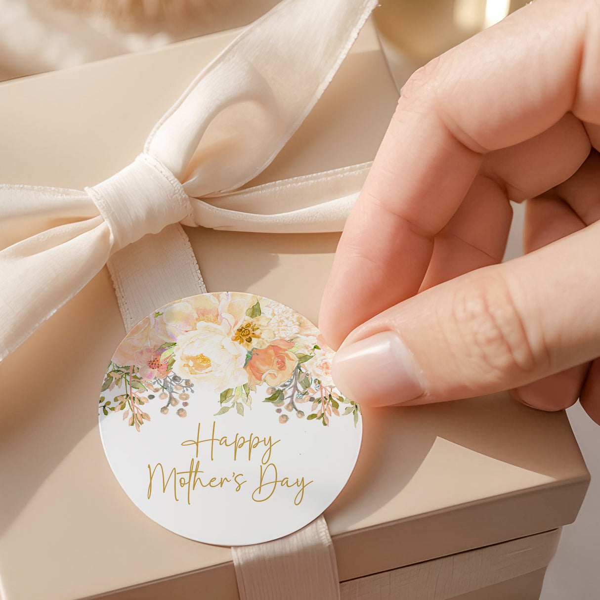 Round rose-printed Happy Mother’s Day label with cream ribbon tie
